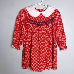 Vintage Polly Flinders Girls Size 5 Red Floral Hand Smocked Dress Cottagecore